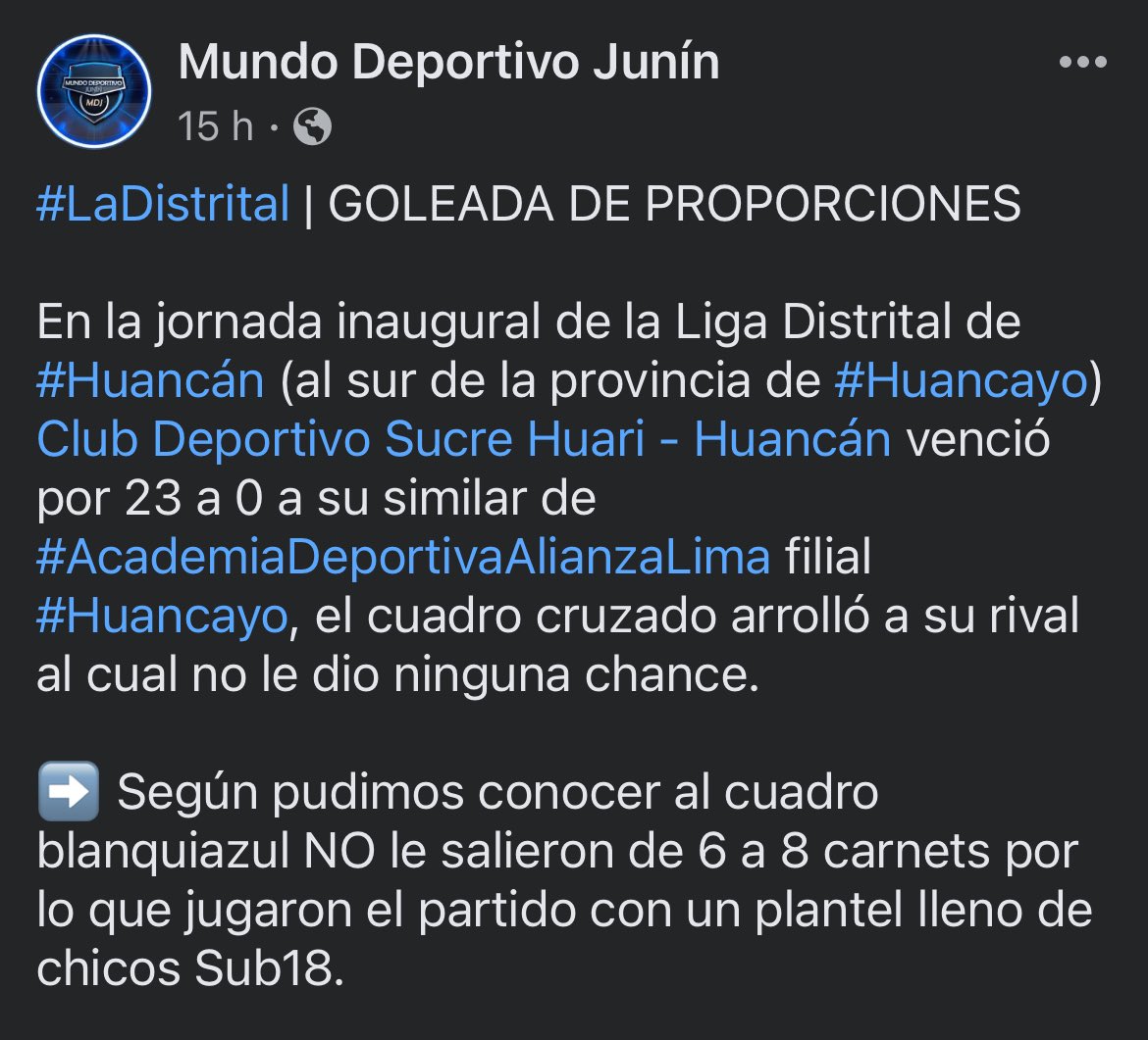 007Richard's tweet image. Alianza Lima cae humillado en su debut tras perder 23-0 en Copa Perú 🇵🇪 

Papelones en @Libertadores y ahora en #CopaPeru 🇵🇪 como no van a gestionar a tiempo los carnets de 8 jugadores y se van a presentar con un equipo Sub-18 ante Deportivo Sucre, uno de los clubes q más dinero