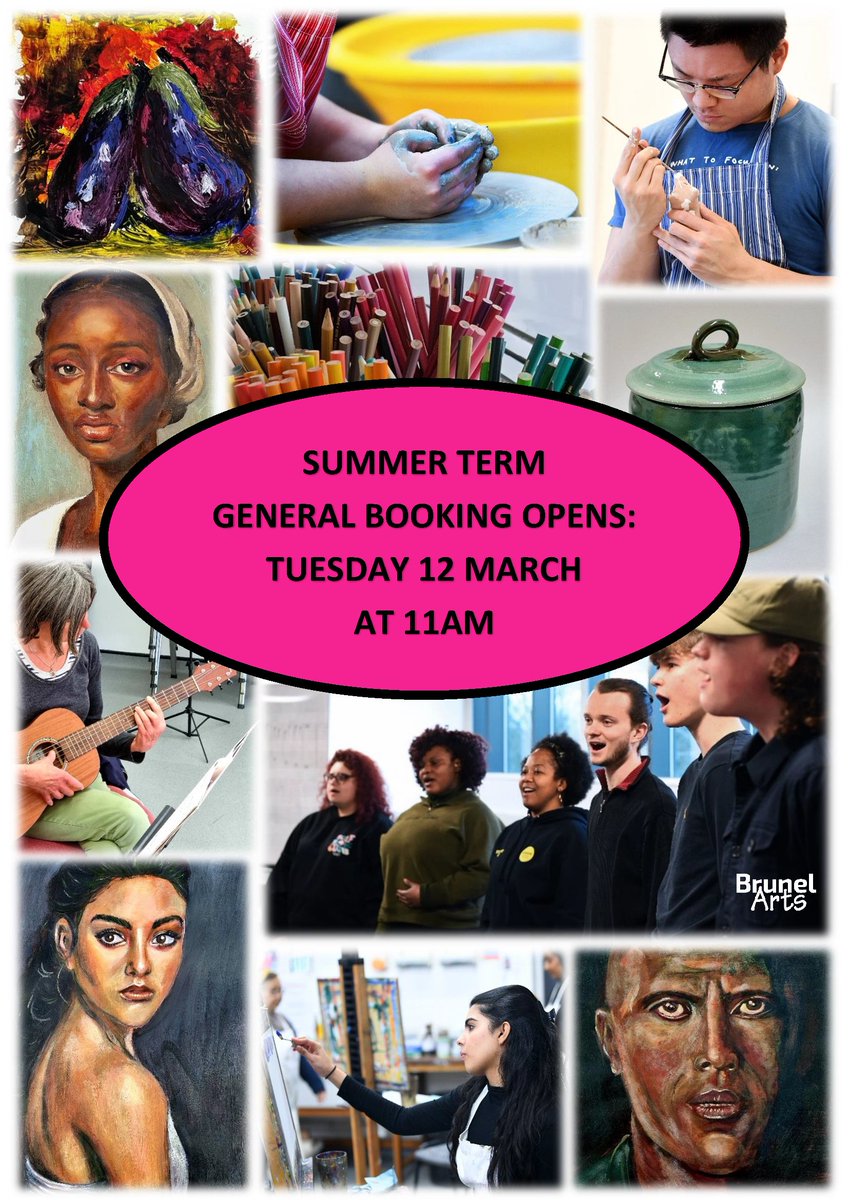 Booking for the Summer term opens tomorrow 12th March 11am! 😃🎉 Either call us on 01895266074 or come into the Arts Centre to apply (no emails, we won't see them). Booking runs on a first come first served basis. No cash or AmEx. brunel.ac.uk/life/get-invol… #brunelarts #courses