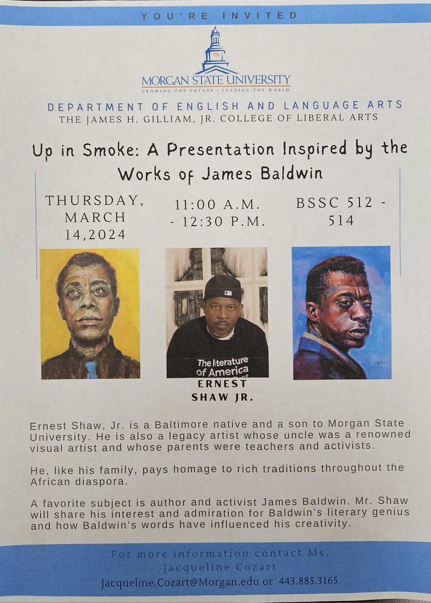 Morgan_DeptENGL's tweet photo. Join us for the next in the series of programs honoring James Baldwin! Up in Smoke: A Presentation Inspired by the Works of James, visual artist Ernest Shaw Jr., will dazzle you! https://t.co/GBajc2APNu