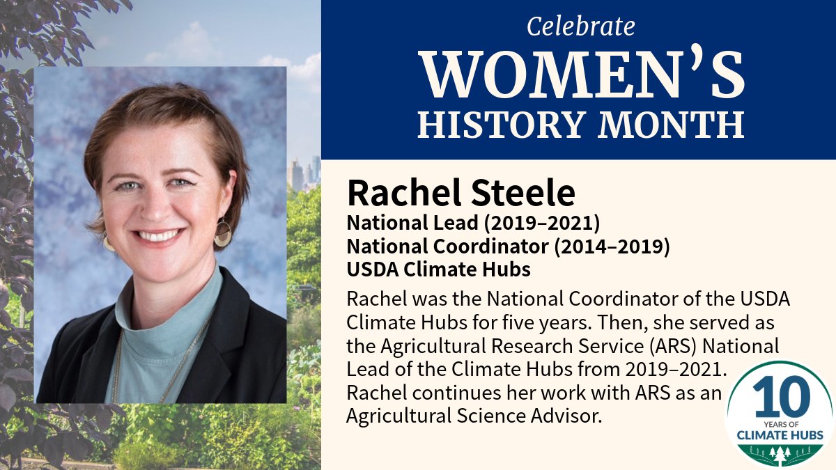 The USDA Climate Hubs have been providing solutions to climate change on working lands for over 10 years. This month, we are honoring the #womeninscience who have made us what we are. Today, we celebrate Rachel Steele, former National Coordinator and National Lead. @USDA_ARS