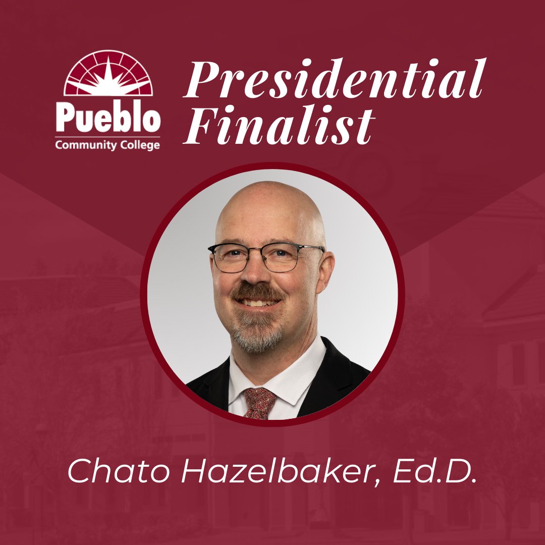 Chancellor Garcia announced Chato Hazelbaker, Ed.D., as a finalist in the @PCCPueblo presidential search today. Hazelbaker is one of three finalists in the running. The successful candidate will replace outgoing PCC president Dr. Patricia Erjavec, who is retiring in May after 14