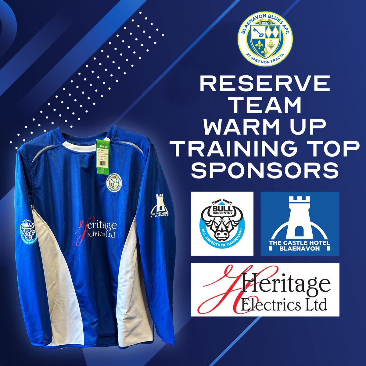 Sponsorship Update! A big thank you to our reserve team warm up top sponsors. The Castle Hotel, Blaenavon Bull Carpentry Heritage Electrics #Blues