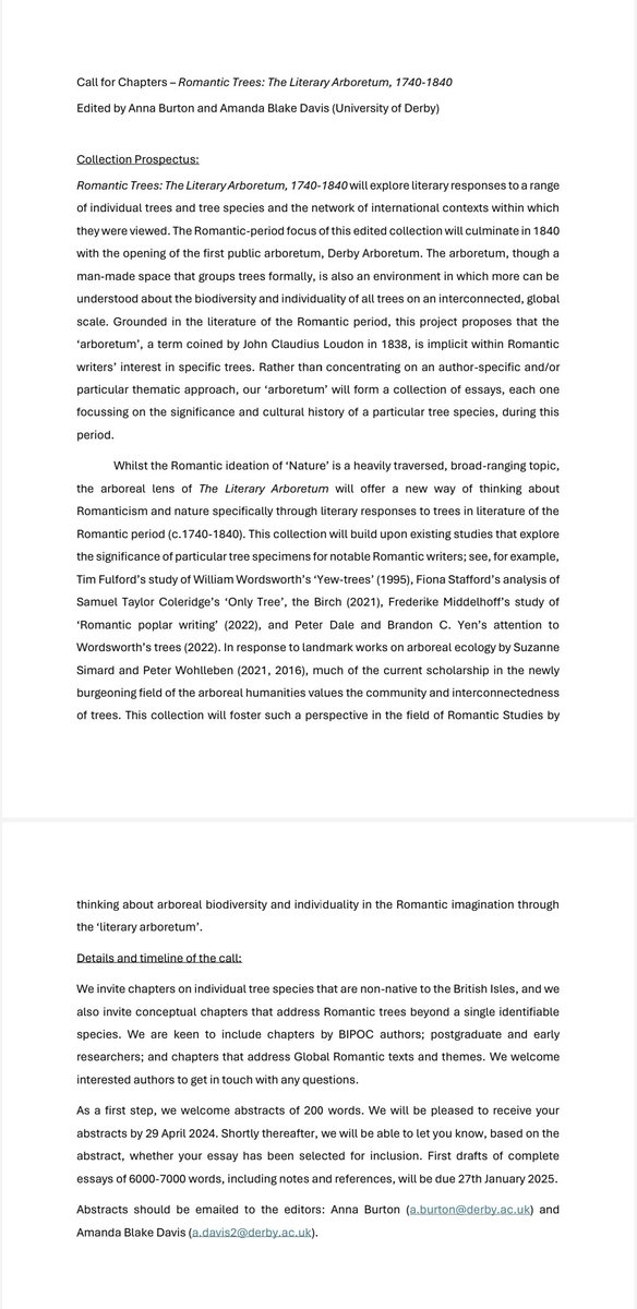 Call for Chapters:

Romantic Trees: The Literary Arboretum, 1740-1840

For any Romanticism, 19thC, and  Arboreal Humanities scholars out there, please see and share the CFP below for a forthcoming collection edited by @ABDavis1816 and me! 🌲🌳