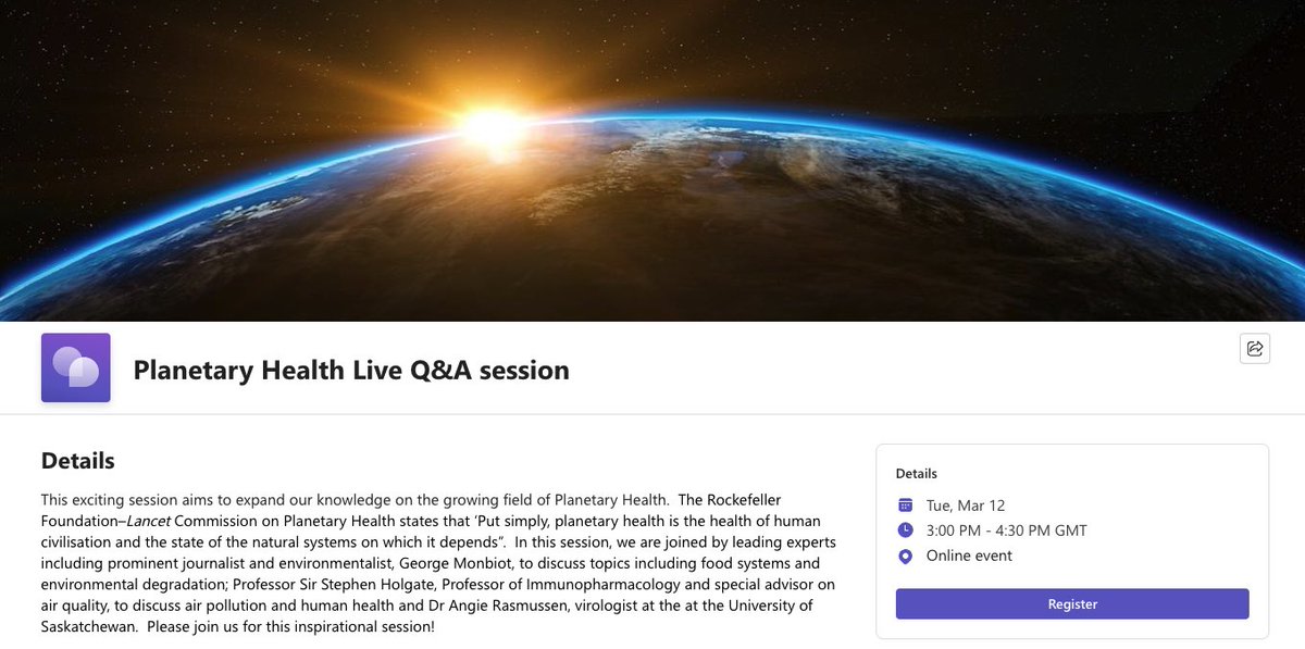 Do join this open expert panel discussion on Planetary Health with George Monbiot, part of UoL MBChB Public Health teaching online tomorrow 12/3/24 3-4.30pm events.teams.microsoft.com/event/6c111f86…