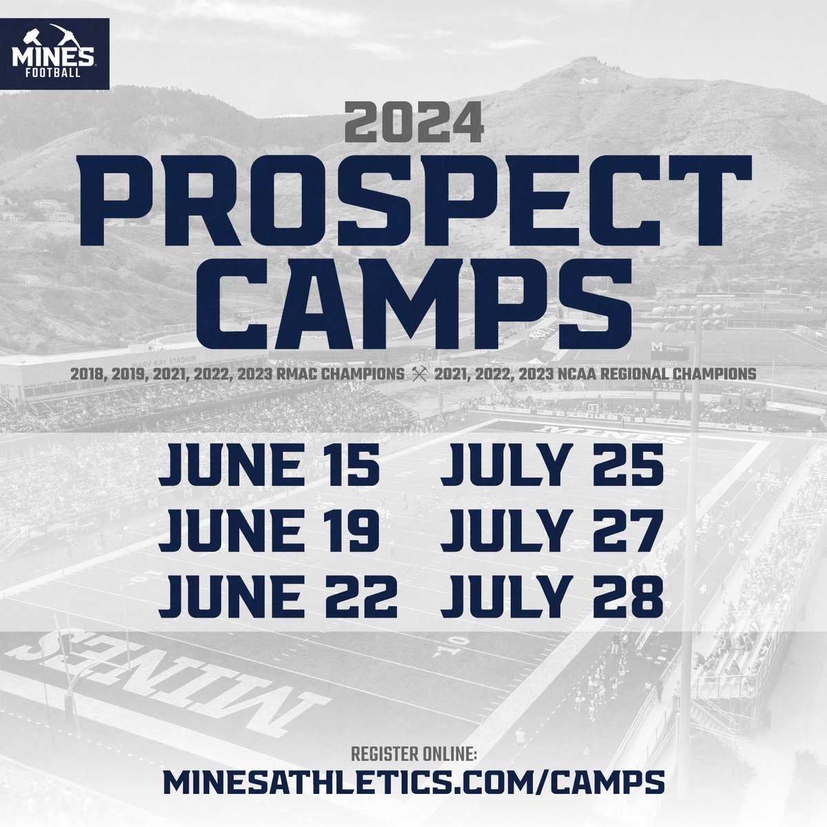 Mines Football (@minesfootball) on Twitter photo 𝗖𝗔𝗠𝗣 𝗪𝗜𝗧𝗛 𝗧𝗛𝗘 𝗖𝗛𝗔𝗠𝗣𝗦!
We have six one-day prospect camps coming up this summer - hope to see you here in Golden!
✏️ minesathletics.com/camps
❓ <a href="/CoachDiedrick/">Ryan Diedrick</a>
#HelluvaEngineer⚒️ 𝗖𝗔𝗠𝗣 𝗪𝗜𝗧𝗛 𝗧𝗛𝗘 𝗖𝗛𝗔𝗠𝗣𝗦!
We have six one-day prospect camps coming up this summer - hope to see you here in Golden!
✏️ minesathletics.com/camps
❓ <a href="/CoachDiedrick/">Ryan Diedrick</a>
#HelluvaEngineer⚒️