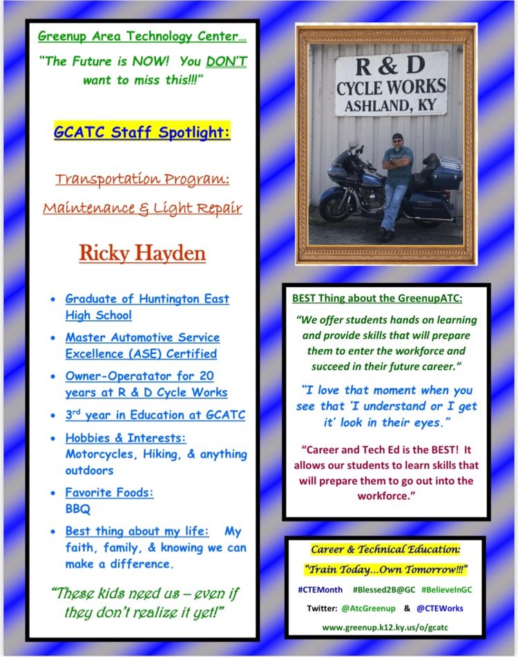 We are CELEBRATING Mr Ricky Hayden, our Auto Instructor! So thankful for Mr Hayden & all he brings to our students & staff daily!  He is truly a blessing & difference-maker!  HUGE THANKS for ALL you do every period of every day!  You are LOVED at the GCATC! @CTEWorks #BelieveInGC