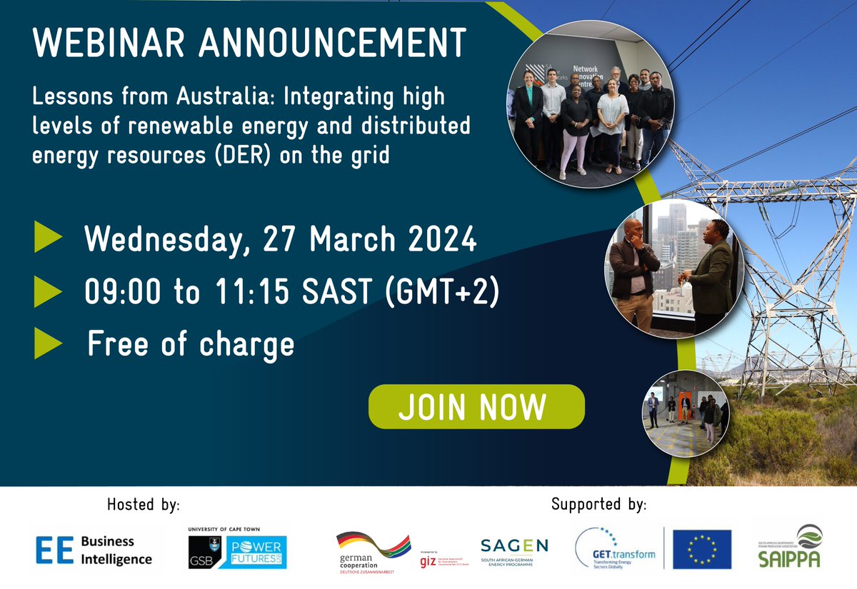 📢Webinar Announcement 🗓️27 March 2024 🕘9:00 to 11:15 SAST Lessons from Australia: Integrating high levels of #RE & DER on the grid ⚡️ Interesting webinar hosted by @EEBizIntel and @PowerFuturesLab . Click here for more info: linkedin.com/feed/update/ur… 🇿🇦