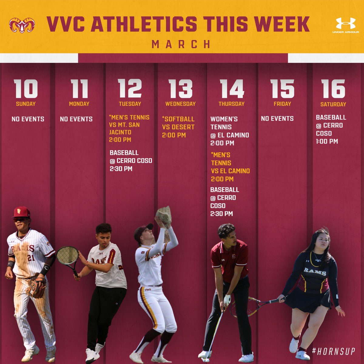 There are a number of home events this week. Come out to support! Stay connected with us each week as we inform you on our games and events. . . . #VVC I #Athletics I #RAMS I #vvcathletics | #GoRams I #GoVVC I #hornsup🤘