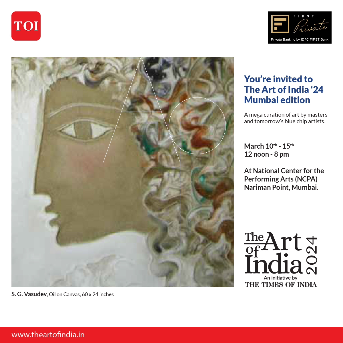 Explore the mesmerizing works of SG Vasudev, Ananda Moy Banerji, Padma Reddy, and Mainaz Bano. 

From 12 noon to 8 pm only at the National Center for the Performing Arts (NCPA), Nariman Point, Mumbai.

#IDFCFIRSTBank #AlwaysYouFirst #IDFCFIRSTPrivate #TheArtOfIndia2024 #TOI