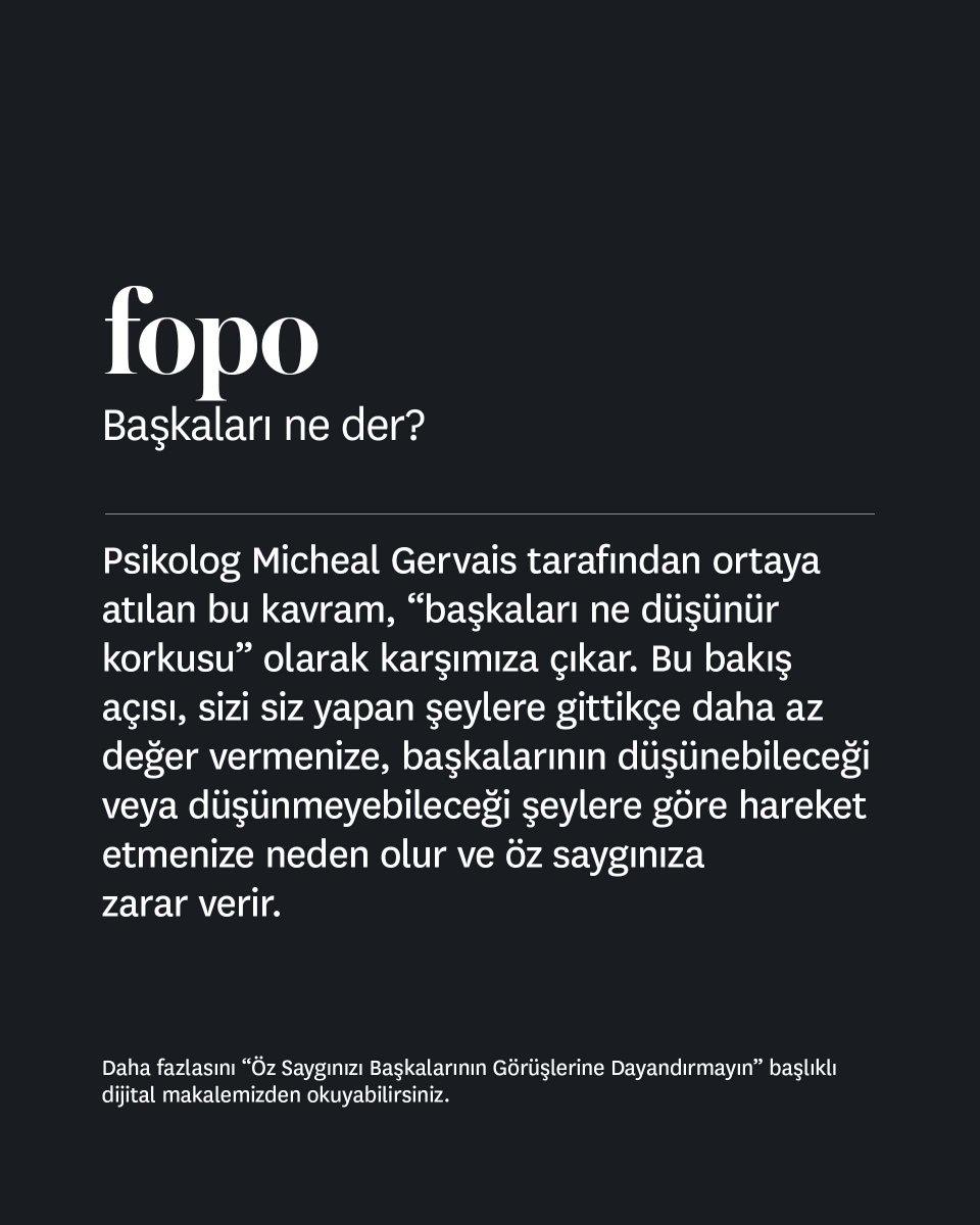 HBRTurkiye's tweet photo. "Sevim koş!" bu repliği birçoğunuzun hatırladığını düşünüyorum. İşte FOPO kavramı da tam olarak böyle bir şey. "El alem ne der?" veya "Ne düşünürler?" gibi sağlıksız düşünceler maalesef Türk toplumunda hala oldukça yaygın. Peki, bunu yaparak aslında kendinizi ne kadar değersizleştirdiğinizin farkında mısınız?

Bu şekilde bir bakış açısı geliştirmek, kendinize olan saygınızı bir süre sonra yitirmenize -ister iş hayatında olsun, isterse özel yaşantınızda olsun- sınırlarınızın ihlal edilmesine neden olacaktır! Öz saygınızı dış etmenlere bağlayarak öz saygı elde etmeye çalıştığınızda kendinizi bitmez bir döngünün içinde bulacaksınız. O halde, sizden bir tane daha olmadığını hatırlayarak yaşamaya devam! 

Bu konuda biraz daha yardıma ihtiyacım var diyorsanız, mobil uygulamamız veya web sitemiz üzerinden "Öz Saygınızı Başkalarının Görüşlerine Dayandırmayın" başlıklı yazımıza mutlaka göz atın. 👀
#hbrtürkiye
https://t.co/0nrnA15z3a