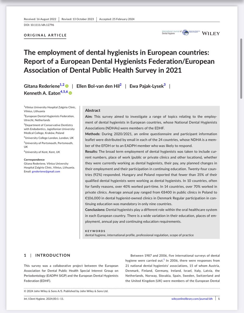 👏Congratulations to Periodontology SIG group for publishing the findings related to the employment of dental hygienists in European countries in Int J Dent Hygiene 
<a href="/EADPHEV/">EADPH</a> 
 DOI: 10.1111/idh.12796