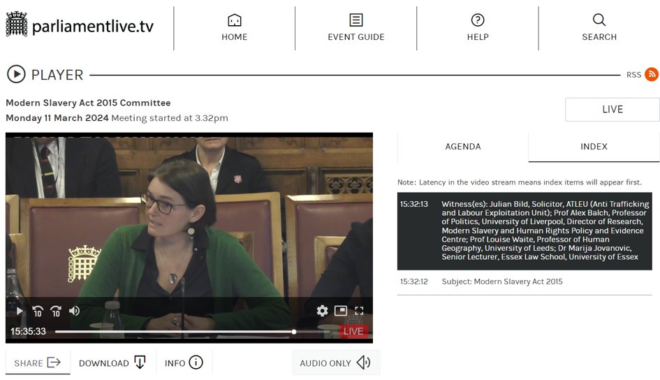 LSSI Director Professor Louise Waite is currently giving evidence to the House of Lords regarding to the Modern Slavery Act 2015 Committee. Watch live here or catch up later parliamentlive.tv/Lords #research #impact #policy