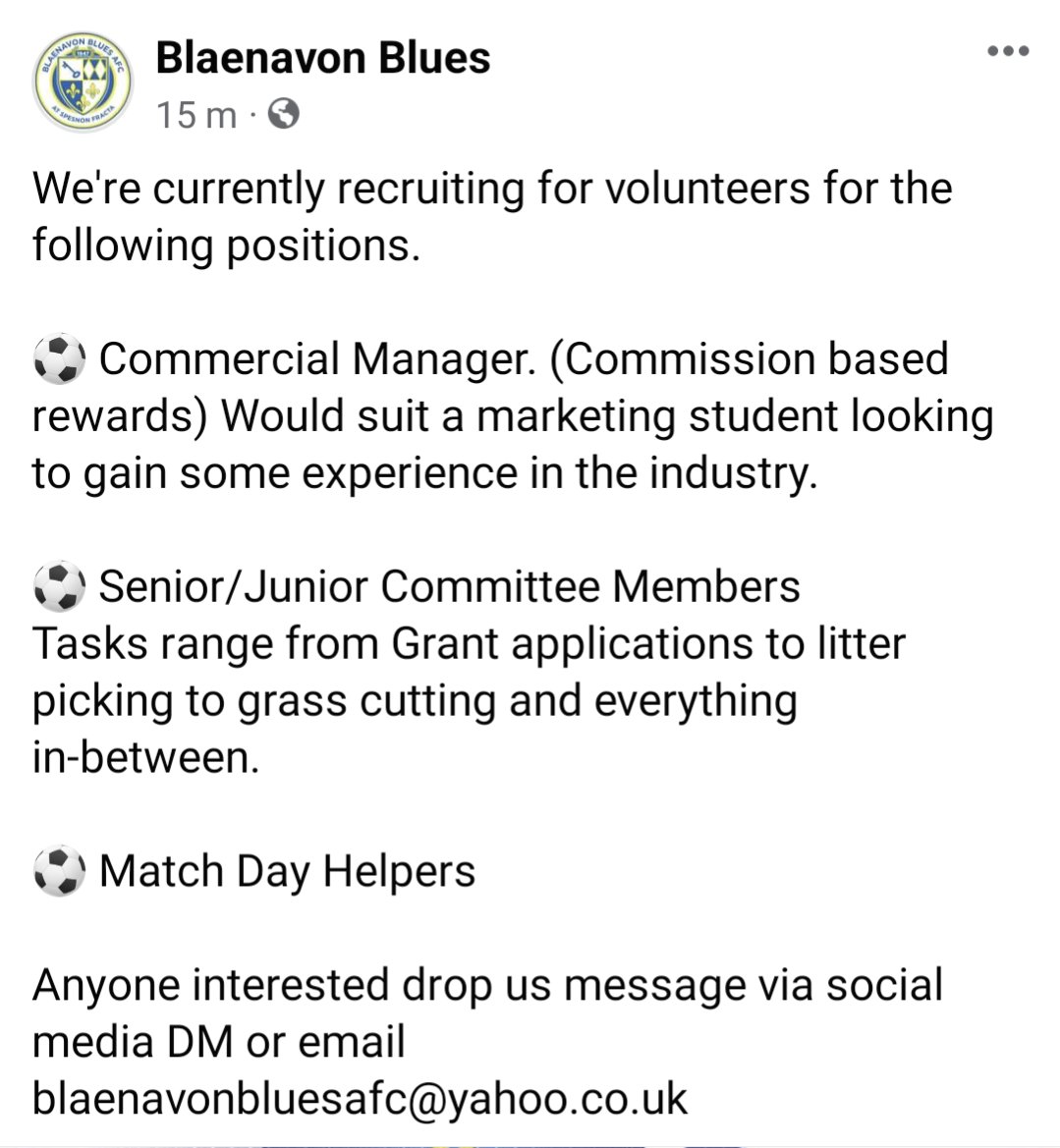 We're currently recruiting! Drop us a message if you're interested in joining the #Blues Or email blaenavonbluesafc@yahoo.co.uk