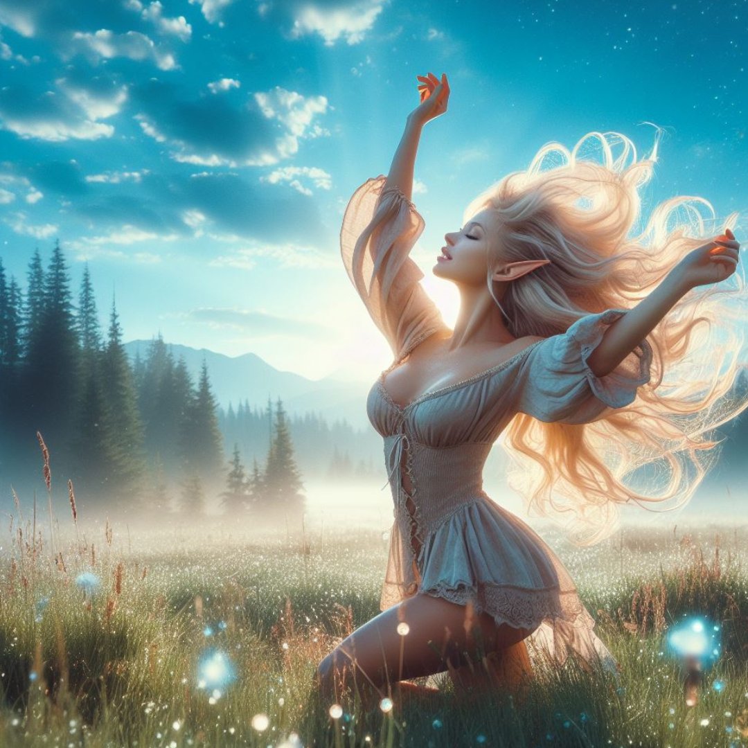 Feeling fulfilled is about you--not about the persons around you, not about your country's economy, not about your government. So, take a good look within and go for what you want. Another AI creation: I call this one, Elf dancing in dewy meadow.