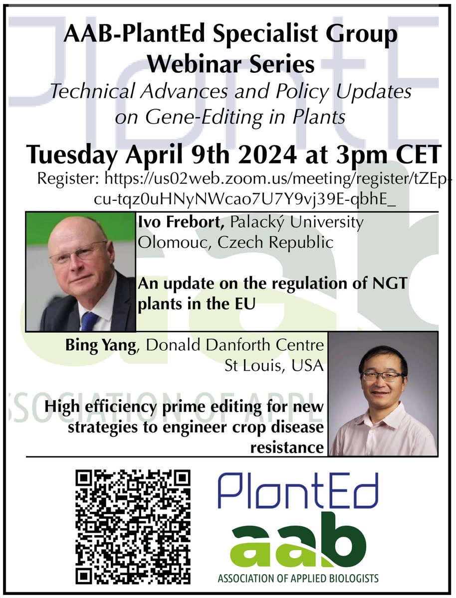 AAB @aabiologists.bsky.social (@aabiologists) on Twitter photo We are delighted to announce the return of free <a href="/COST_PlantEd/">@COST_PlantEd</a> webinars; looking at important topics related to plant genome editing!
📅 April 9th 3pm CET
> Bing Yang: Prime Editing in crop disease resistance
> Ivo Frebort: Updates on EU NGT regulations!
us02web.zoom.us/meeting/regist… We are delighted to announce the return of free <a href="/COST_PlantEd/">@COST_PlantEd</a> webinars; looking at important topics related to plant genome editing!
📅 April 9th 3pm CET
> Bing Yang: Prime Editing in crop disease resistance
> Ivo Frebort: Updates on EU NGT regulations!
us02web.zoom.us/meeting/regist…