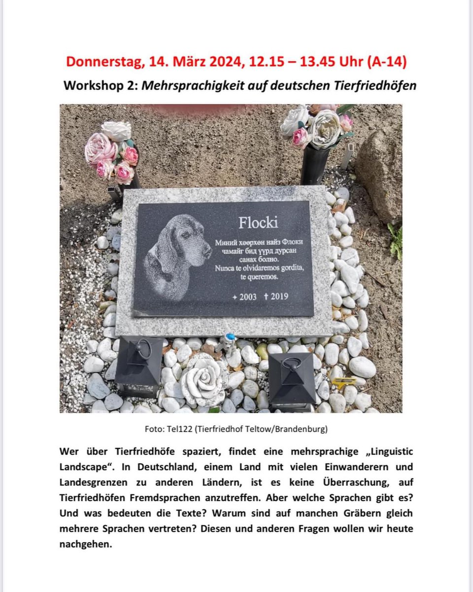 📆 Entdecke faszinierende Welten der Sprache mit Dr. Doris Wagner von der @uniturku! Vom 12. bis 14. März taucht sie in die linguistische Anthropologie und Onomastik ein 🐾  Sei dabei bei ihrem Vortrag “Deutsche Tierfriedhöfe” im Raum A14! 🐕 @filologiausal#linguistics #dt#tiere