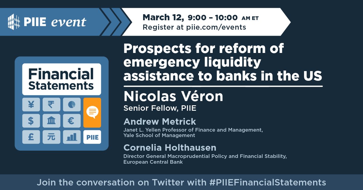 MARCH 12: Andrew Metrick of @YPFSatYale & Cornelia Holthausen of @ECB join @nicolas_veron on #PIIEFinancialStatements to discuss the prospects for reform of emergency liquidity assistance to banks in the US. Register: …rinternationaleconomics.formtitan.com/ftproject/even…