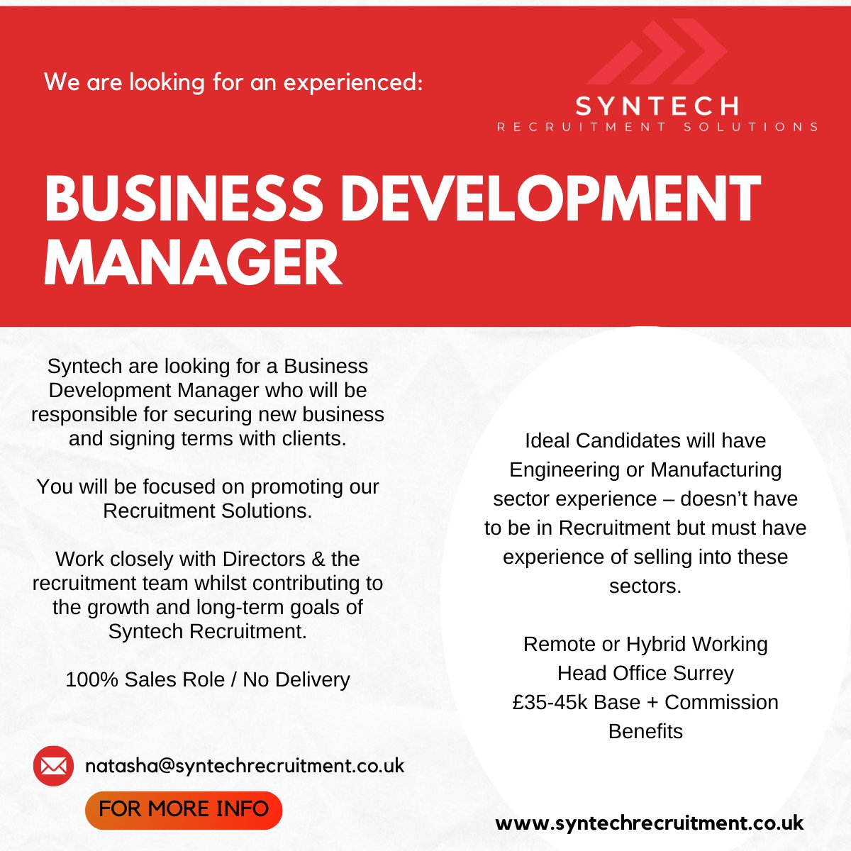 SyntechRec's tweet image. Do you enjoy the Hunt? Closing a Sale &amp;amp; Securing New Business? Then see below our latest role at Syntech Recruitment Ltd

#businessdevelopmentmanager #newbusiness #businessdevelopment #huntergatherer #syntechsalesteam #syntechrecruitment #bde #recruitmentsolutions