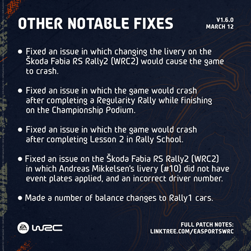 EASPORTSWRC's tweet photo. The v1.6.0 update to #EASPORTSWRC is beginning to roll out across all platforms.

📙 Patch notes: https://t.co/4oxxANuI1x