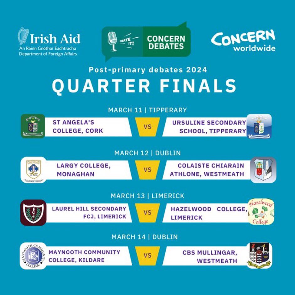 Wishing our TY @ConcernDebates team the very best of luck for their Quarter Finals debate tomorrow against Colaiste Ciarán, Athlone.#MuineacháinAbú