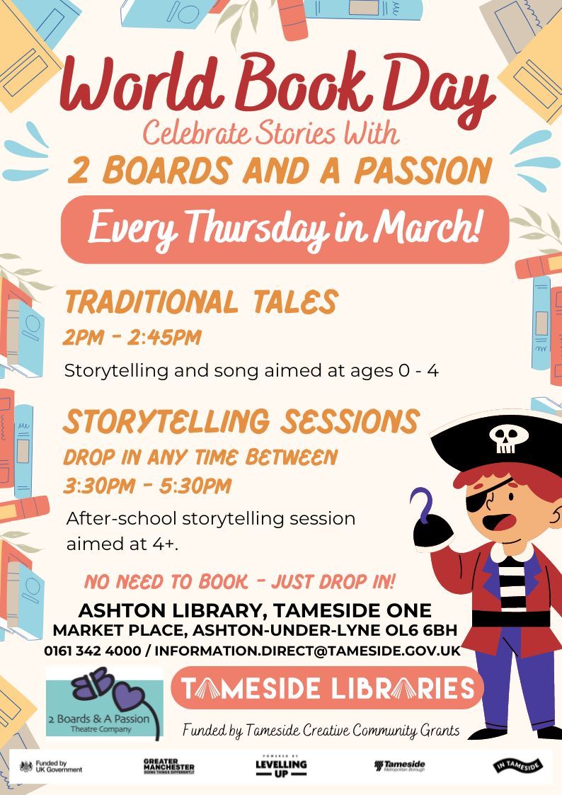 Celebrate World Book Day *all month* at Ashton Library! Every Thursday 2 Boards and a Passion will be telling Traditional Tales for 0-4 year olds at 2pm - 2:45pm. After school we have Story Sessions for 4+. Drop in ANY TIME between 3:30pm - 5:30pm. #TamesideLovesReading