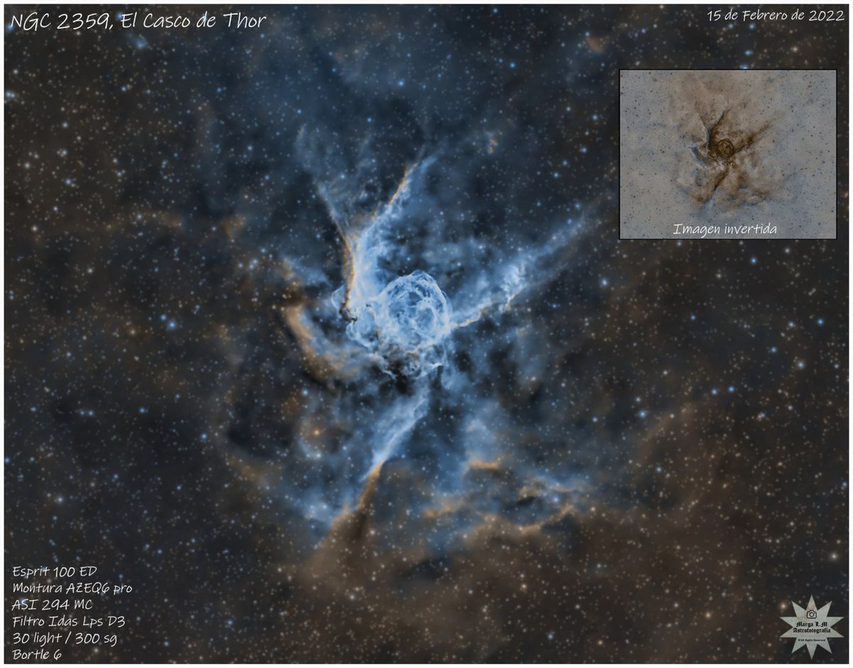 Seguimos tirando de archivo.....esta vez del día que estrené el Filtro Idas lps d3 
😍😍😍
NGC 2359 es una nebulosa de emisión en la constelación de Canis Major situada a algo más de 8 grados de Sirio. Su inusual forma, semejante al casco de un guerrero vikingo.#cielosESA