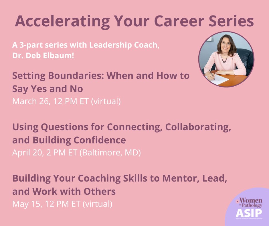 Leadership Coach, Deb Elbaum, MD, PCC, returns to collaborate with the ASIP on three workshops—two virtual and one in-person at #Pathobiology2024! 3/26 registration bit.ly/3P3zDsr 4/20 registration bit.ly/3TndnfK 5/15 registration bit.ly/3P9KX6q