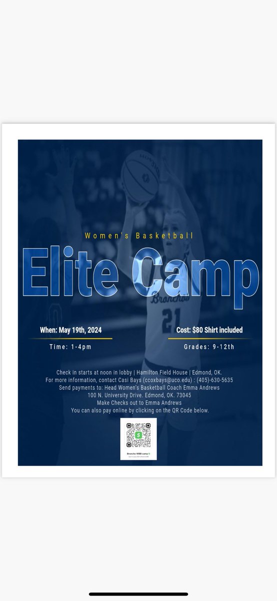 Sign up for our Elite Camp on May 19th. Email Coach Bays at ccoxbays@uco.edu if you have any questions.