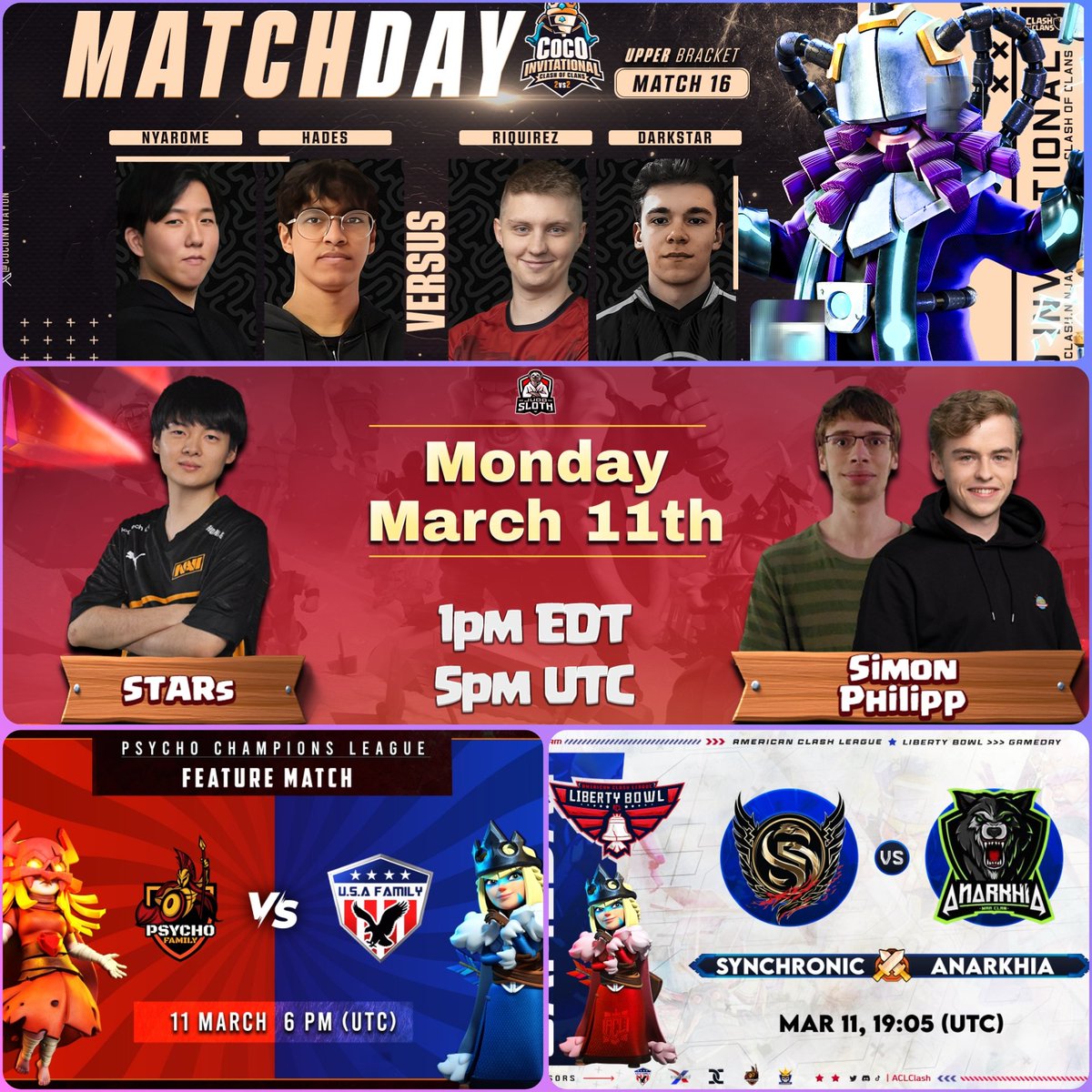 🟣 LIVEEEEEE!

+5 Horas Stream, arrancando la Semana! 💪

🏆 COCO | CMS | PCL | LB | HTNT

✅ Nyarome &amp; Hades 🆚 Riqirez &amp; Darkstar
✅ Stars 🆚 Simon &amp; Philipp
✅ Psycho Fam 🆚 USA Fam
✅ Synchronic 🆚 Anarkhia
✅ Synchronic 🆚 VA Esports

TODO el MUNDO para DENTRO! ❤

📺