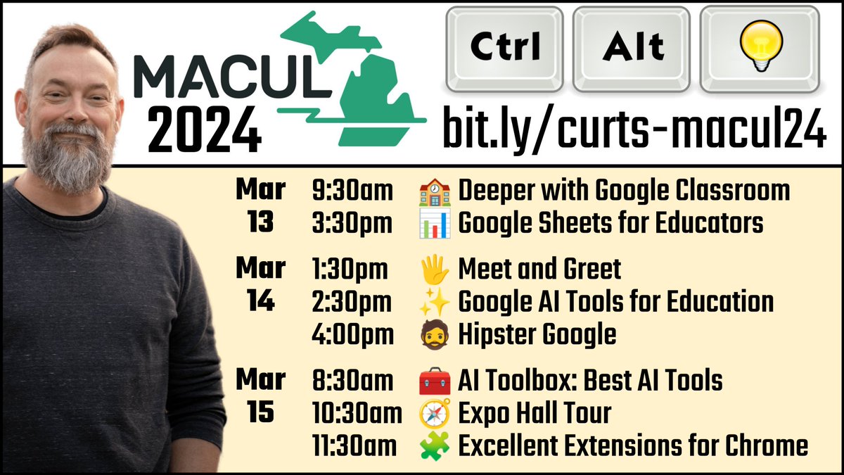 Excited to be presenting at #MACUL24 this week - controlaltachieve.com/2024/03/my-mac… 🏫 Google Classroom 📊 Google Sheets ✨ Google AI for Education 🧔 Hipster Google 🧰 The AI Toolbox 🧩 Chrome Extensions #edtech #AI @MACUL