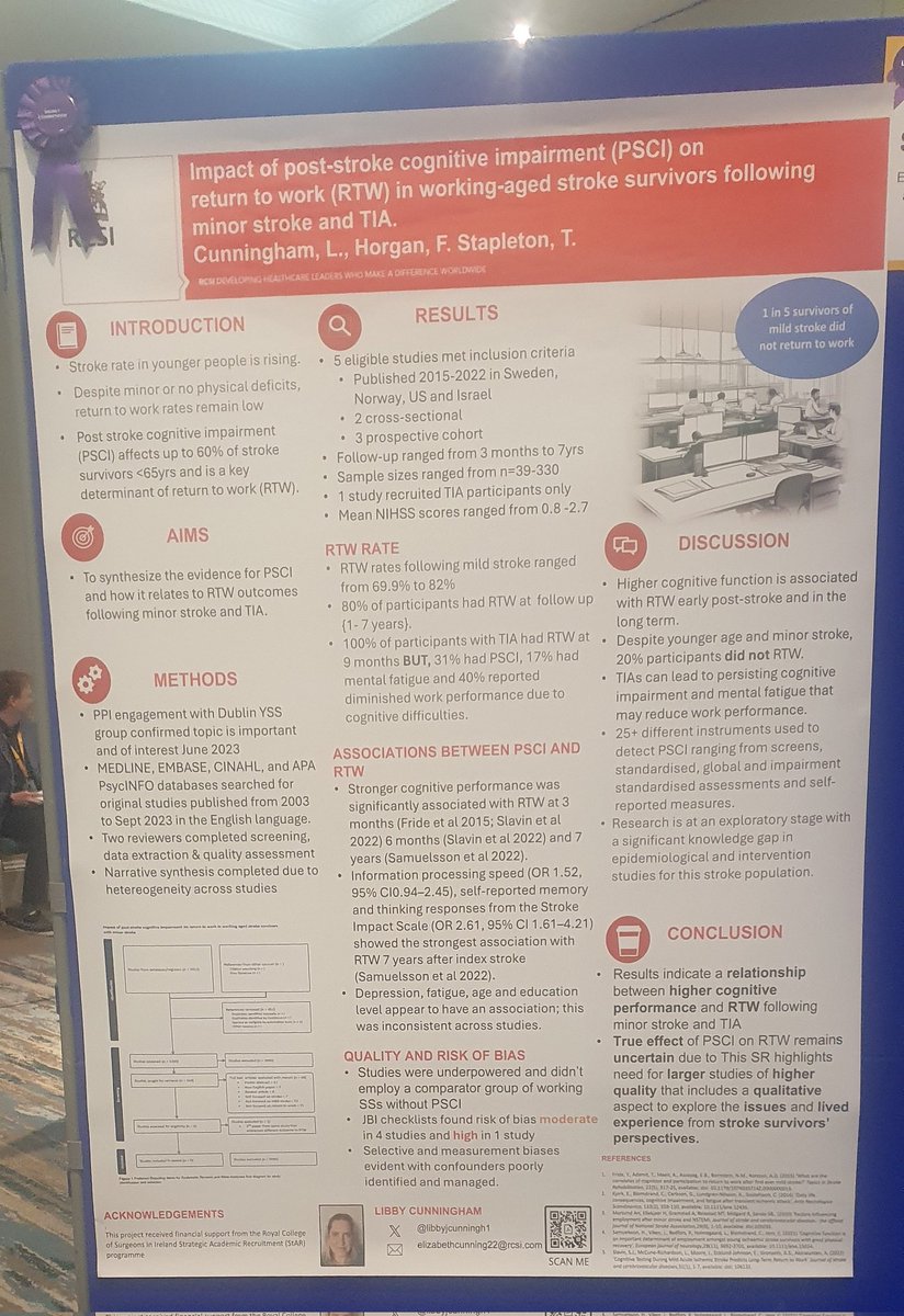Great to have our poster up highlighting the impact of minor stroke and TIA on return to work ourcomes @frances_horgan @StapletonTadhg at ELASF 2024 #lifeafterstroke, such an inspiring and informative day!