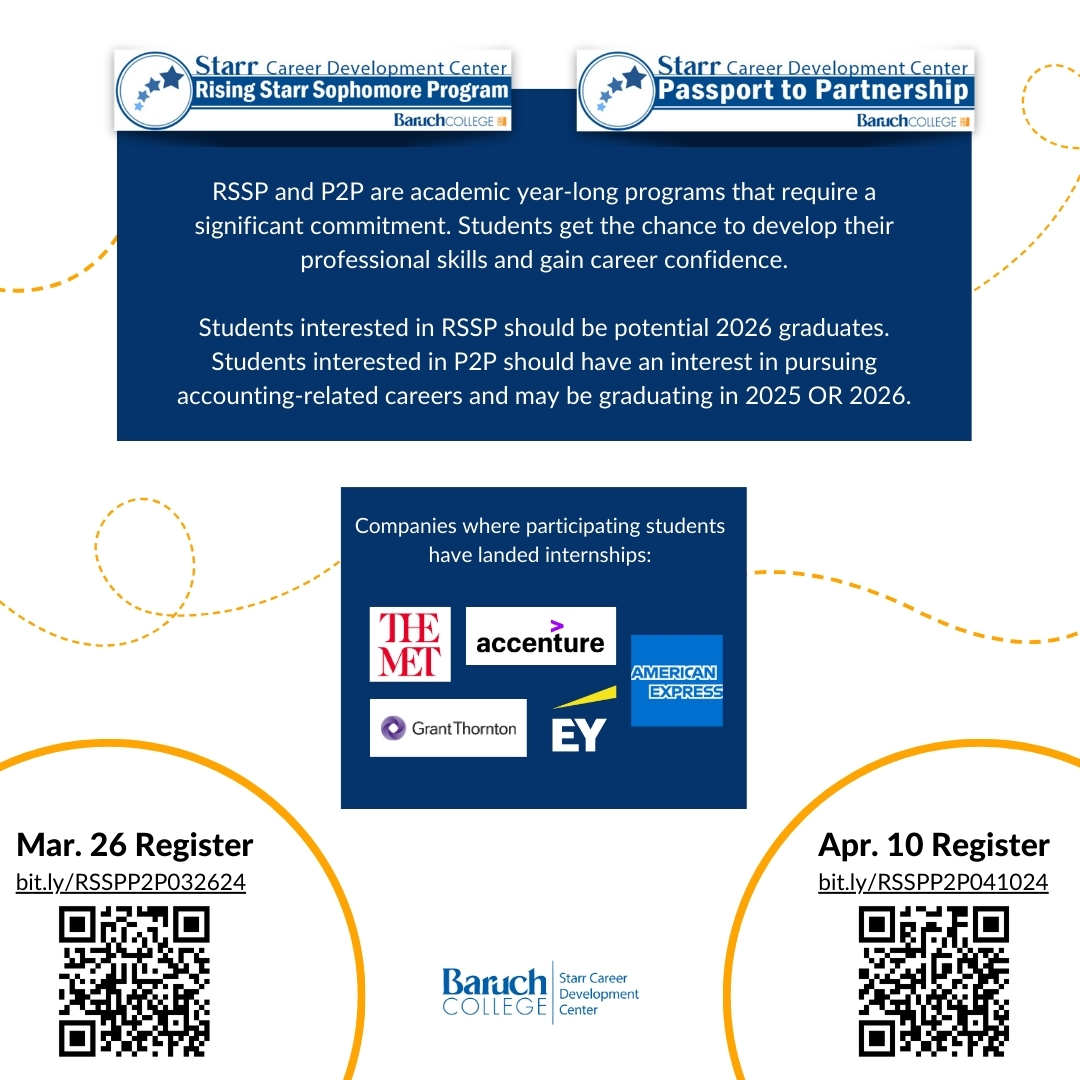 The Rising Starr Sophmore Program and the Passport to Partnership Program are accepting applications! 📢 If you would like to know more about the benefits these programs provide, RSVP on Handshake for an info session. #baruchstarr #baruchworks #classof2026 #careerdevelopment