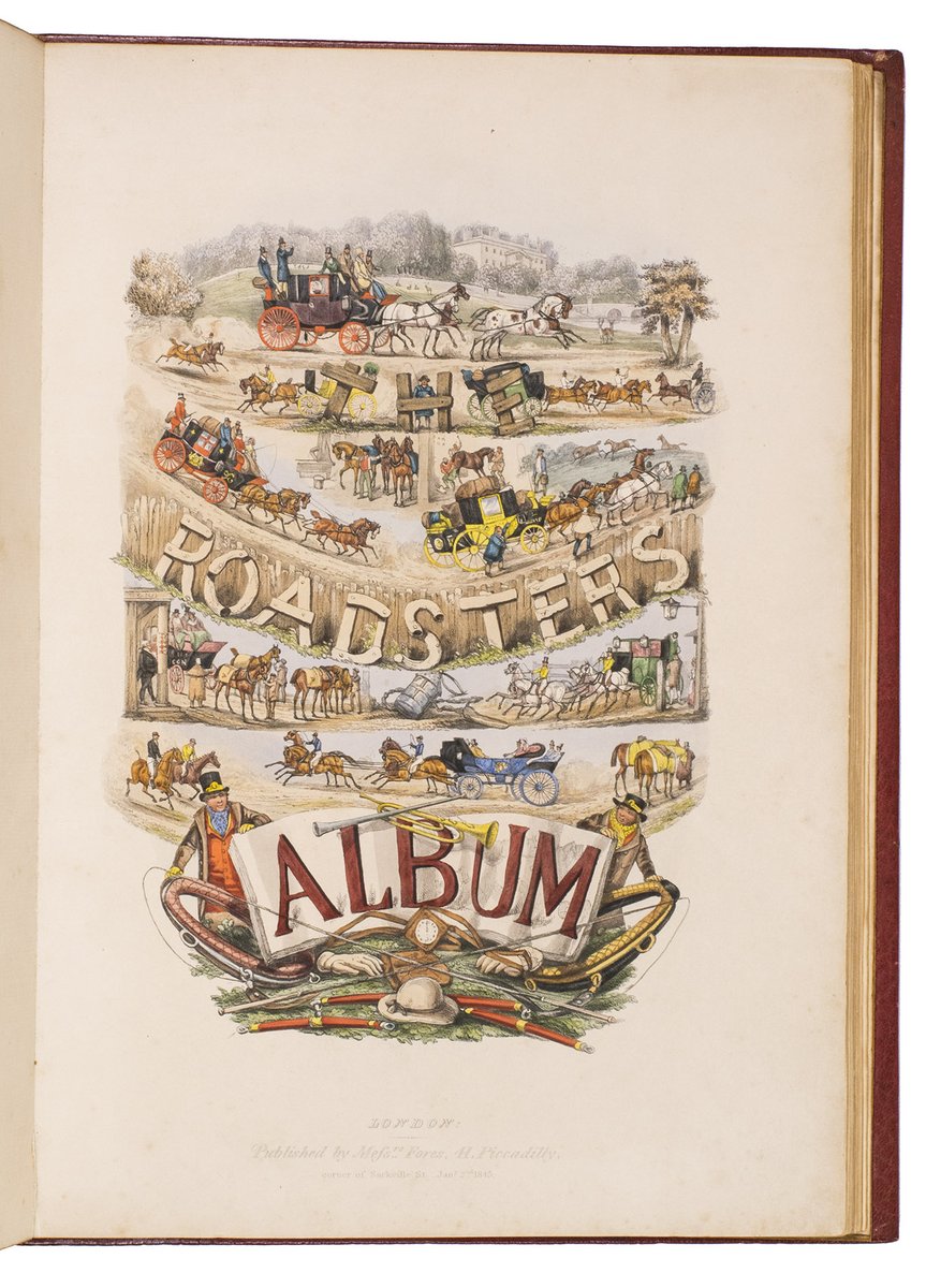ForumRareBooks's tweet image. Our #rarebook of the day is Charles B. Newhouse's "The roadsters album" (London, 1845) in a wonderful #binding made for the well-known #bookcollector Henry Arthur Johnstone. 

16 beautiful #aquatints humorously depicting mishaps horse carriage #travel. 

#horses #bookbinding #art