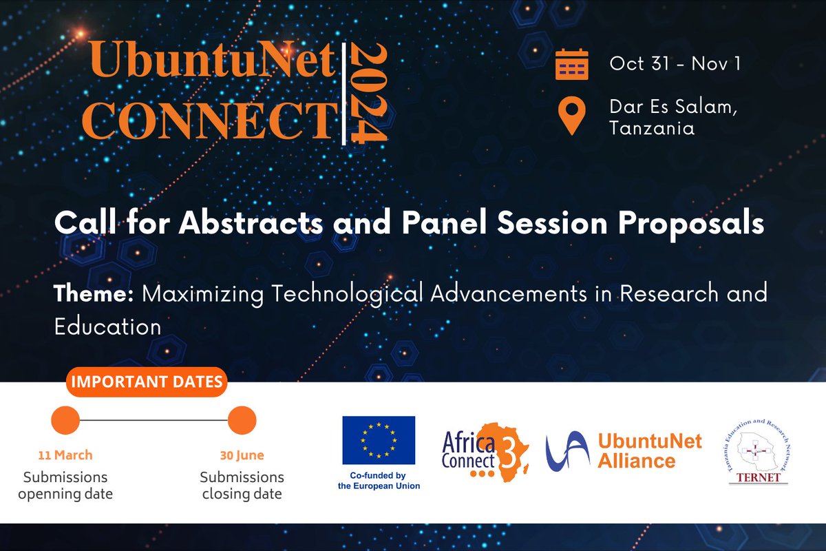 🌟 Call for Abstracts and Panel Session Proposals: UbuntuNet-Connect 2024 now open🌟
Learn more and make your submission via: 
ubuntunet.net/uc2024/

#UbuntuNetConnect2024 #Research #Education #Technology #Networking #CallForProposals #Africa