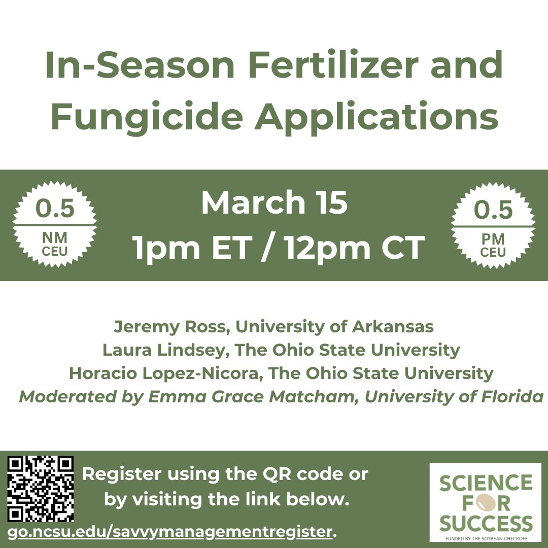 Make sure to join us for the second installment of the Savvy Full Season Soybean Management webinar series this Friday! go.ncsu.edu/savvymanagemen…