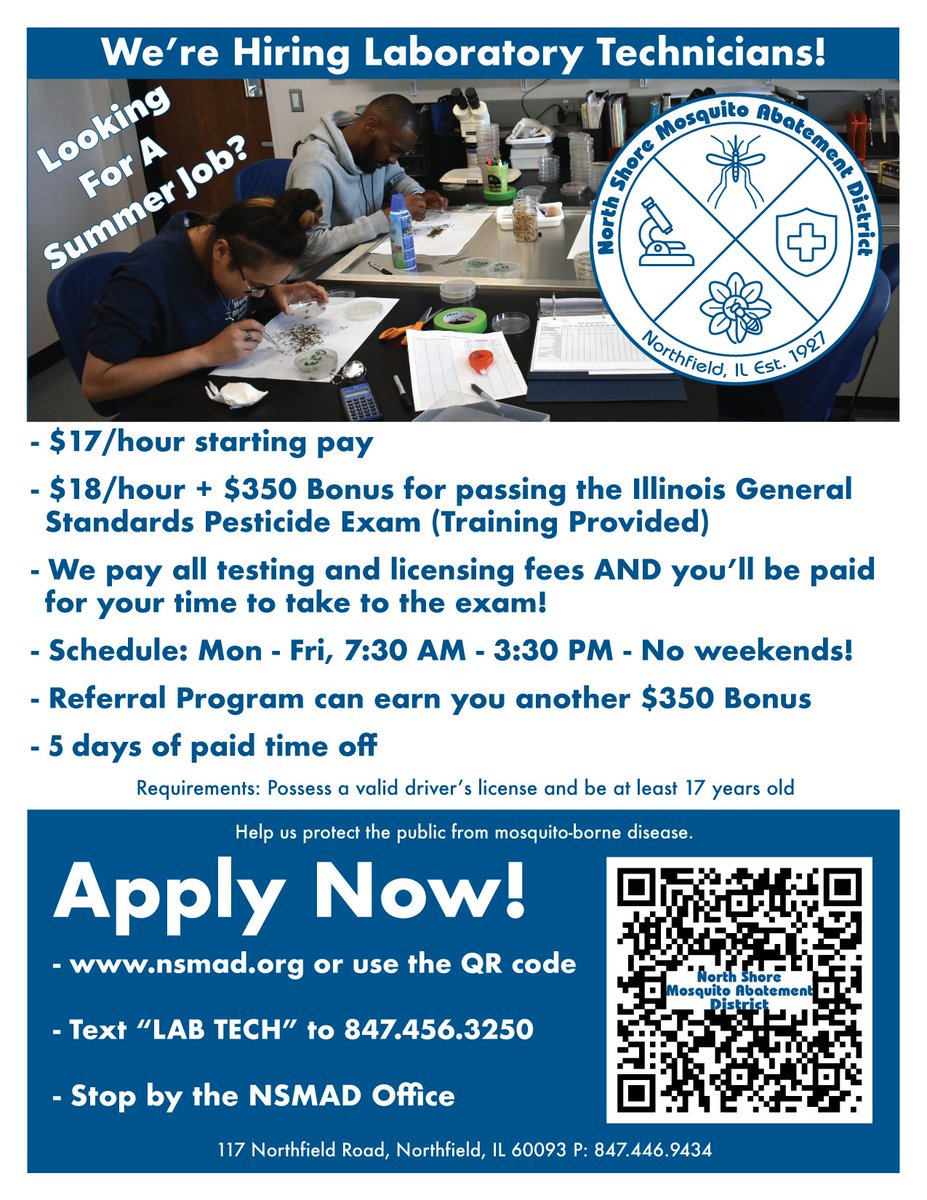 NorthShoreMAD's tweet image. WE'RE HIRING! We need seasonal Field Techs and Lab Techs! Help protect the public from mosquito-borne illnesses. #summerjob, #mosquitos, #mosquitocontrol, #science
