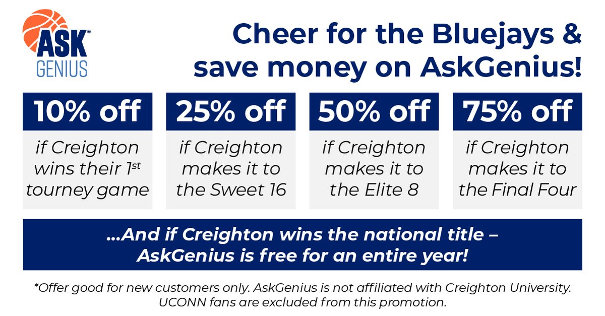 askgenius's tweet photo. Last year, we danced on the edge of bankruptcy with this promo. And guess what? We're diving back in for round 2! 💸💥

If Creighton wins, you win serious discounts on your first year of AskGenius.

Learn how it works &amp; register for a chance to win big: https://t.co/3N8iZJSvdT https://t.co/0SUplyv0XZ