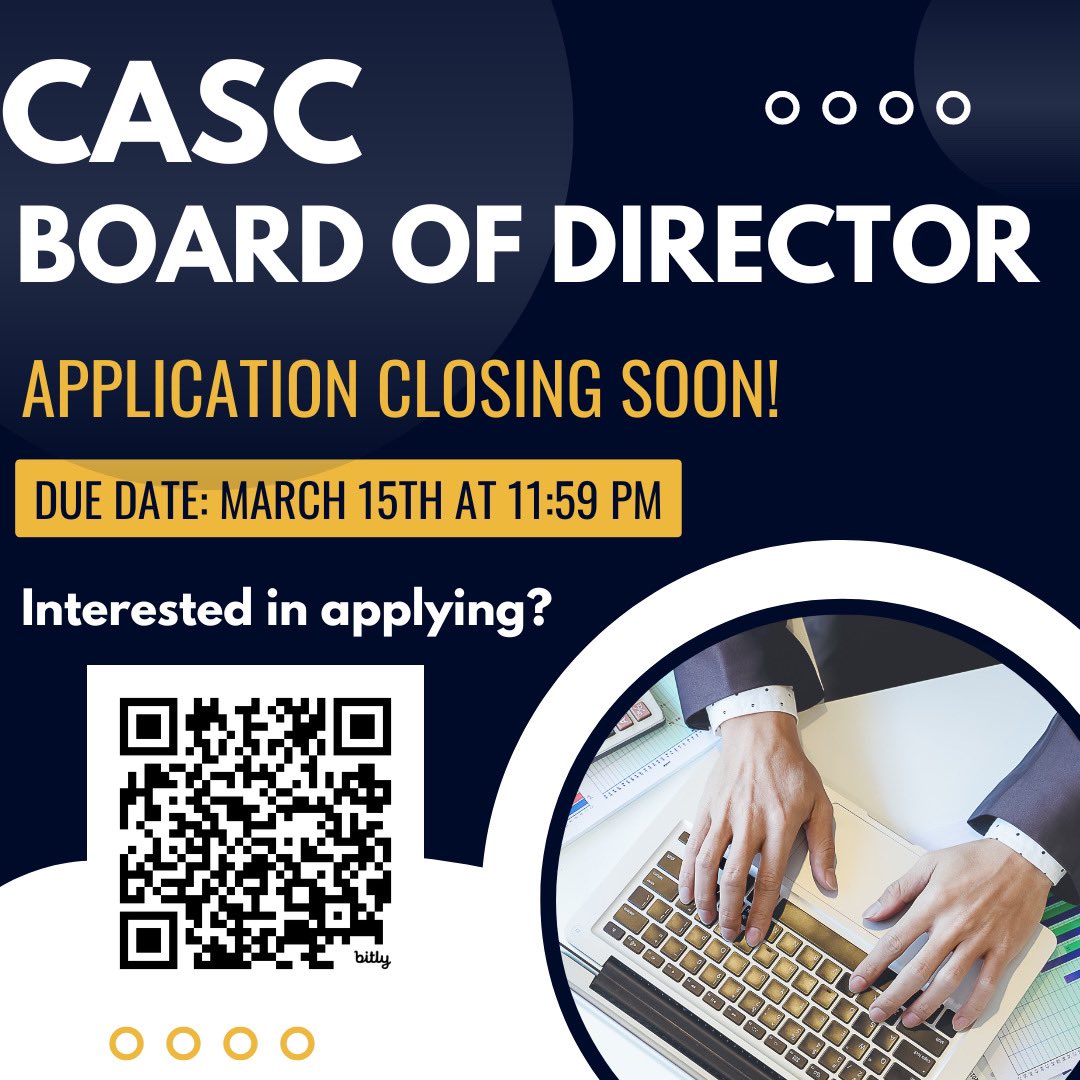 Nominations for the CASC Board of Directors are closing on March 15th at 11:59 PM! If you are interested in learning more or applying, please visit schoolcounselor-ca.org or scan the QR code for additional information.