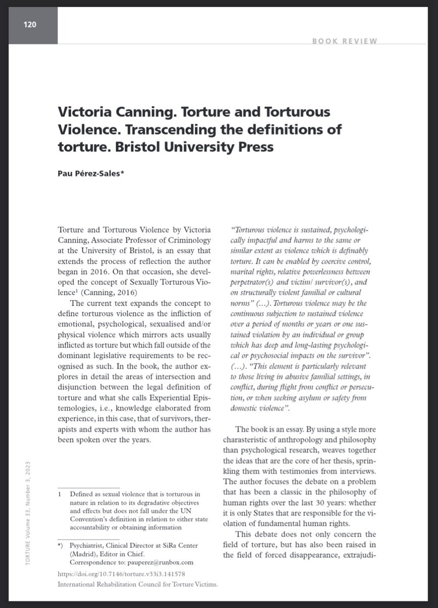 Open access review of 'Torture and Torturous Violence' (by Pau Pérez-Sales) After publishing it last year I took time out - it's a heavy research area - and didn't do much to promote, so big thanks to @IRCT for having it in the current issue 👇🏾 tidsskrift.dk/torture-journa…