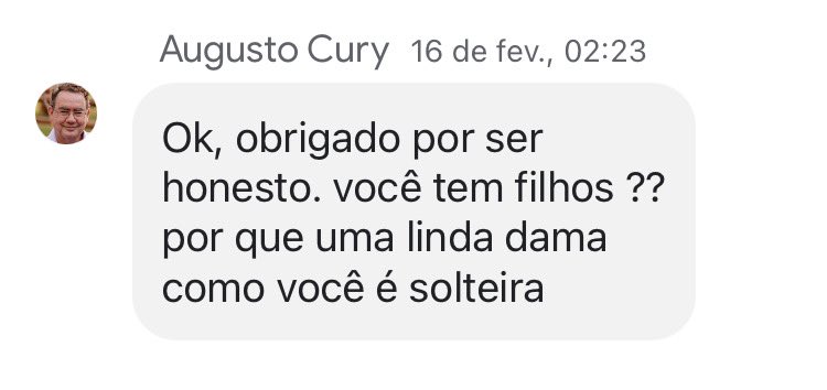 @JefinhoMenes No momento tem um Augusto Cury da Shopee conversando com minha mãe. Ela vai dando corda só por diversão. Esse Augusto Cury não sabe usar gênero e trata minha mãe no masculino e feminino aleatoriamente 😂