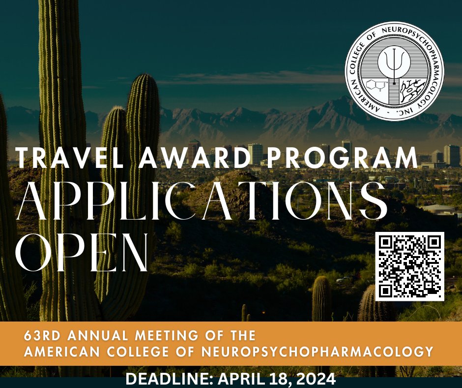 ACNP Travel Award Applications open TODAY for the ACNP 63rd Annual Meeting: December 8-11, 2024, JW Marriott Desert Ridge Resort and Spa, Phoenix, AZ. Deadline to Submit is April 18, 2024, at 5:00 pm Central. acnp.org/annual-meeting…  #ACNP2024 #travelawards