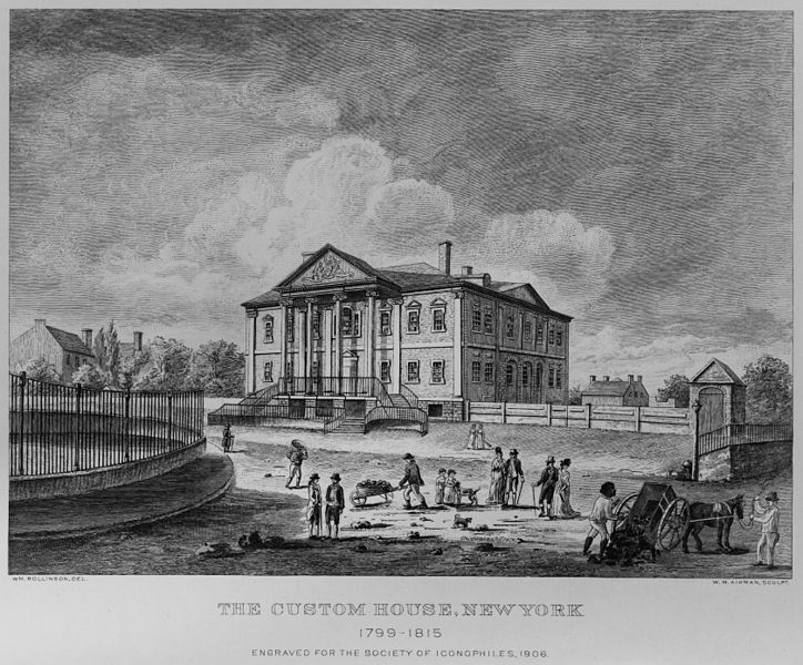 When New York City was chosen as the short-term capital, the Government House was built in hopes it would be the Presidential Mansion for George Washington. But, the capital moved. As a result, the Government House was used by New York State and eventually became a custom house.