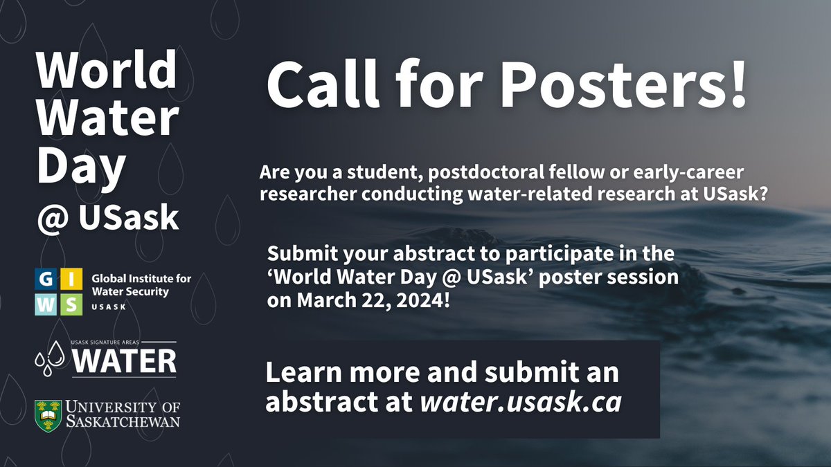 Interested in sharing your water-related research findings with the #USaskWater community? There are still spots left in the ‘World Water Day @USask’ poster session!
 
Learn more and submit your abstract at: ow.ly/ehMb50QJz63