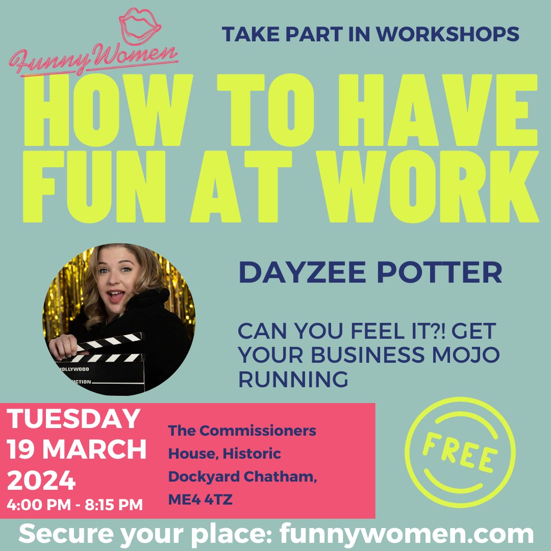 The exciting workshops you can take part in at next week's How to Have Fun at Work event at Historic Dockyard Chatham!

<a href="/KarmaCamealia/">Camealia Xavier-Chihota</a>
<a href="/MollyWrighttt/">Molly Moodle 🍊</a>
<a href="/Nic_Lamont/">Nic Lamont 🦇</a>
<a href="/DayzeePotter/">Dayzee Potter</a>
<a href="/FSBKent/">FSB Kent</a>

funnywomen.com/eventinfo/how-…