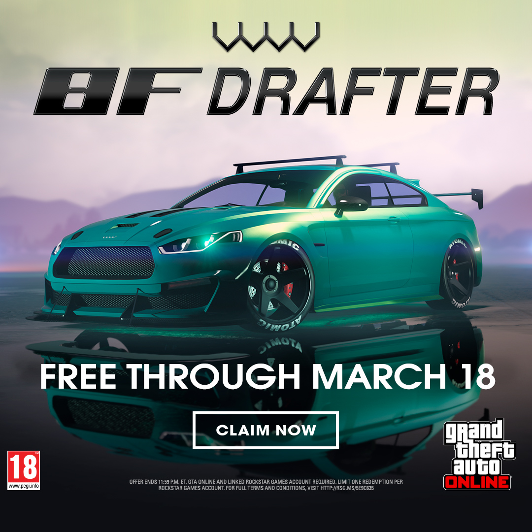 RockstarGames's tweet photo. Limited-time offer: Claim a free Obey 8F Drafter in GTA Online through March 18.

Sign in to the Rockstar Games account linked to your GTA Online characters and claim now.