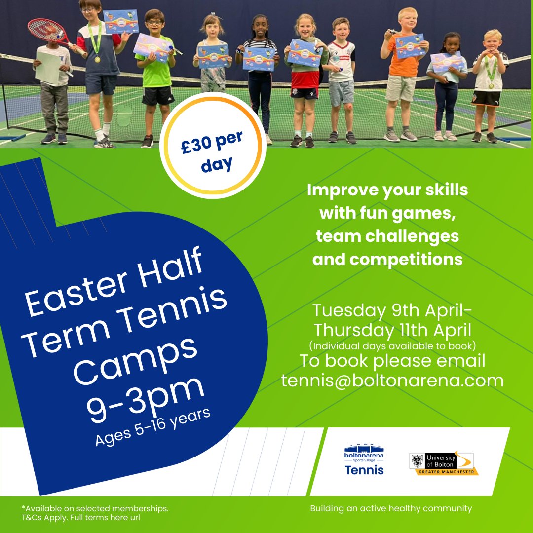 Bolton Arena Easter half term tennis camps 🎾
Running Tuesday 9th April - Thursday 11th April 📆 9-3pm every day (Individual days available to book) 
To book please email tennis@boltonarena.com