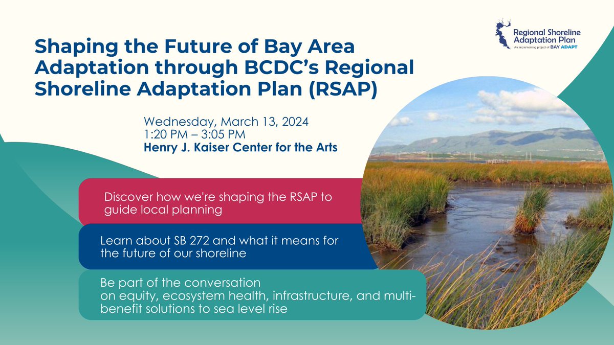 📅 Save the date: March 13th @ 1:20 PM! Join us at the @SFEstuary Conference to learn about our Regional Shoreline Adaptation Plan. Hear from experts about how we're prioritizing equity, infrastructure, and ecosystems in Bay Area sea level rise adaptation: sfestuary.org/soe2024program/
