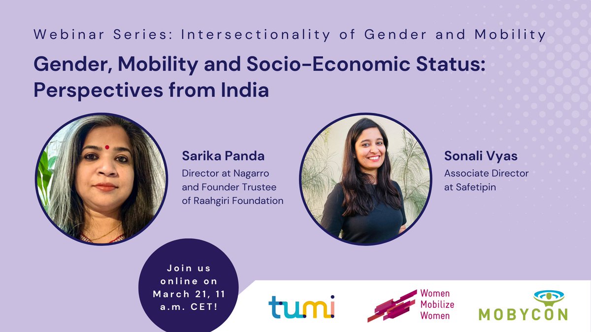 Exciting news 🙌 In ‘Gender, Mobility and Socio-Economic Status’, host @mbruntlett is joined by @sonalivyas of @safetipinapp , and @SarikaPanda of @Raahgiri_Fdn to talk gender, mobility, and socio-economic status. Tune in on March 21 at 11 a.m. CET! 👉 bit.ly/SignUpEp3