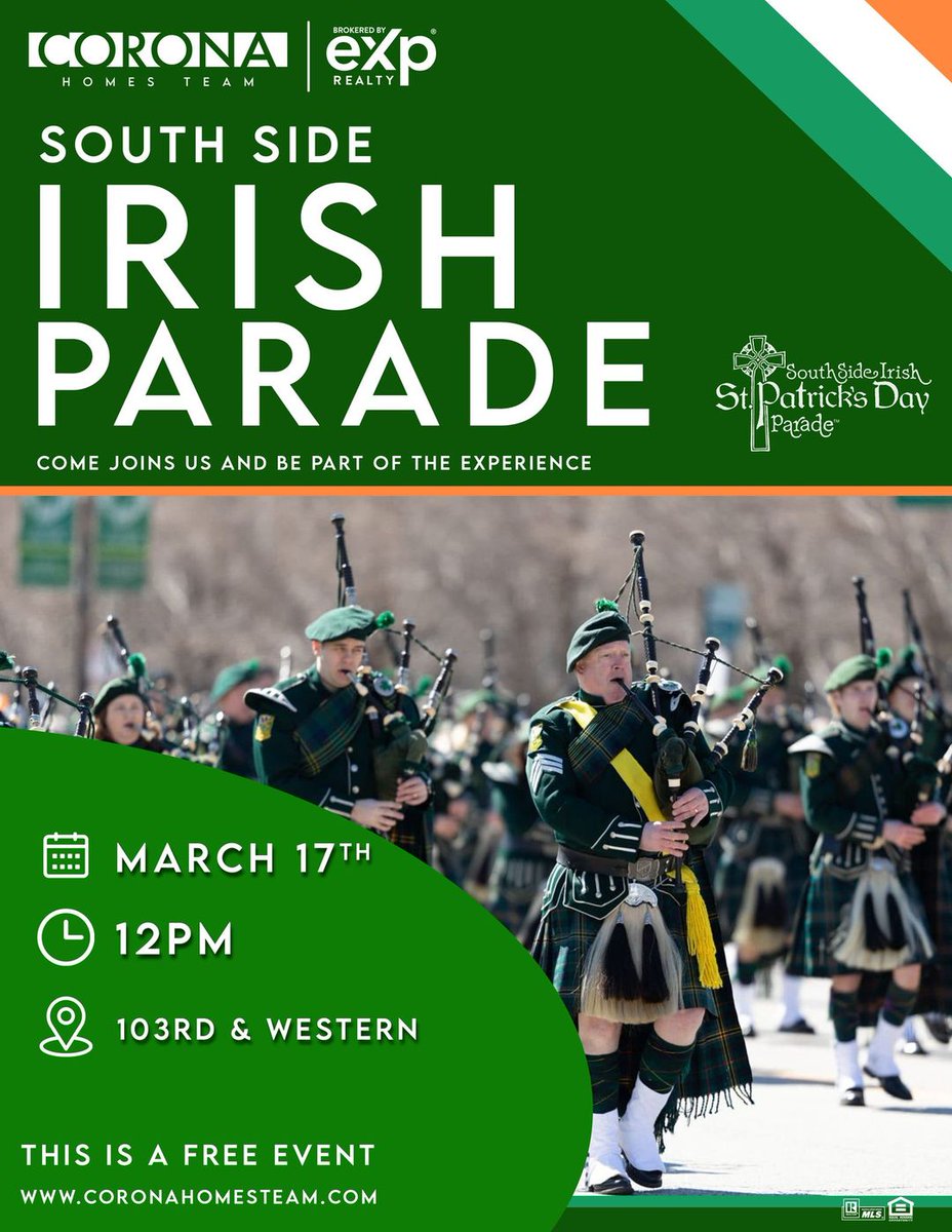 🍀 Join Us this Sunday, the South Side Irish Parade Extravaganza with Corona Homes Team! 🍀

📅 Date: March 17, 2024
🕛 Time: 12:00 PM
📍 Location: Starts 103rd and Western
#SouthSideIrishParade #CoronaHomesTeam #CommunityPride