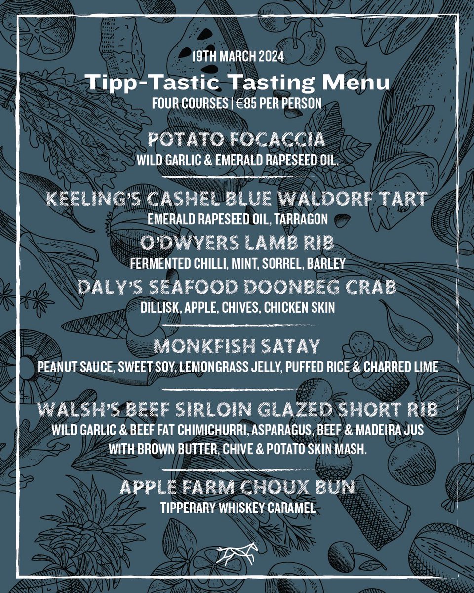 Here's the menu for the first EVER #tastingmenu at @MikeyRyans. Taking place on Tue 19th March, this experience is €85pp and features new & innovate fare from Head Chef Ciaran Tedford and his team, featuring lots of our local @tippfood family. Phone us on 06262007 to book.